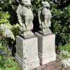Statues & Sculptures Lions|Griffins^Gothic Griffin & Lion on Pedestal Stone Garden Statues