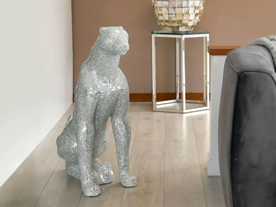 Statues & Sculptures Floor Standing|Animals^Majestic Panther 80cm Silver Resin Indoor Sculpture