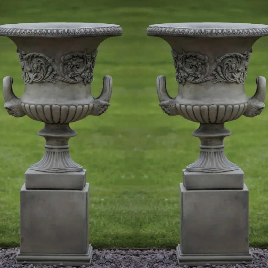 Statues & Sculptures Large|Round^Pair of Grecian Stone Garden Planter Urns on Pedestals