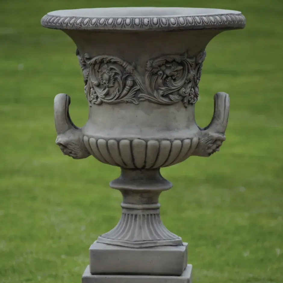 Statues & Sculptures Large|Round^Pair of Grecian Stone Garden Planter Urns on Pedestals