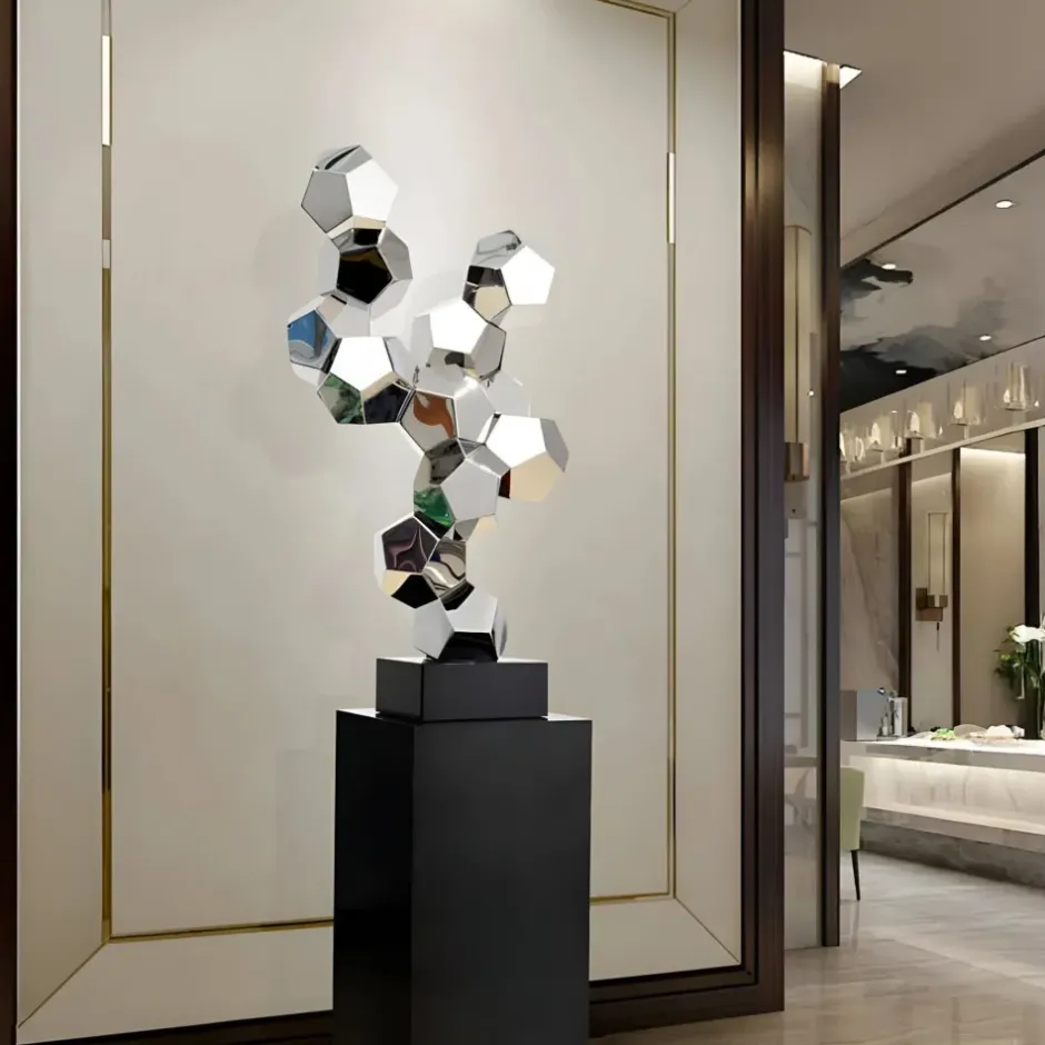 Statues & Sculptures Floor Standing|Low Poly^Polygon Fusion 104cm Silver Metal Indoor Sculpture