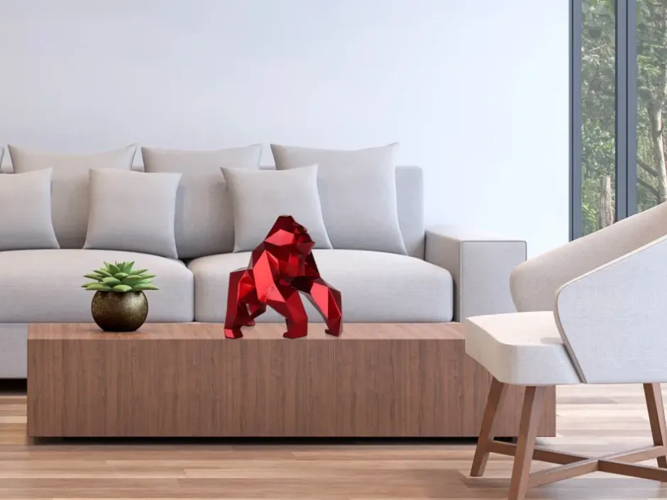 Statues & Sculptures Table Top|Low Poly^Polygon Gorilla 44cm Red Resin Indoor Sculpture