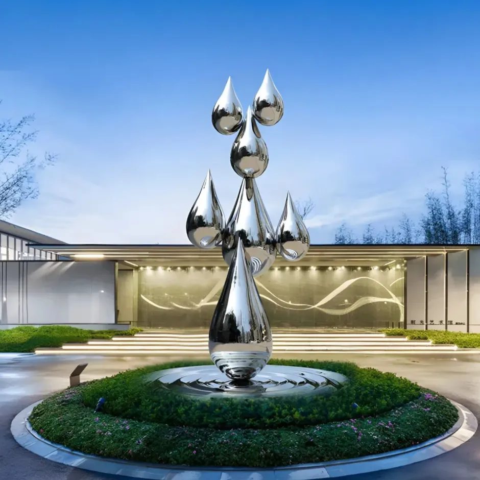 Statues & Sculptures Giant|Floor Standing^Raindrop Ripples 220cm Silver Metal Garden Sculpture