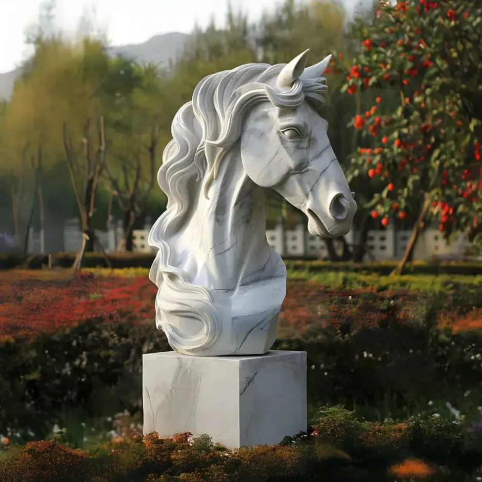 Statues & Sculptures Horses|Modern^Regal Horse Head 120cm White Marble Garden Statue