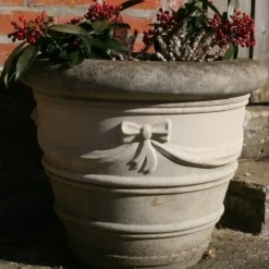 Statues & Sculptures Large|Round^Ribbon Vase 20" Stone Garden Planter